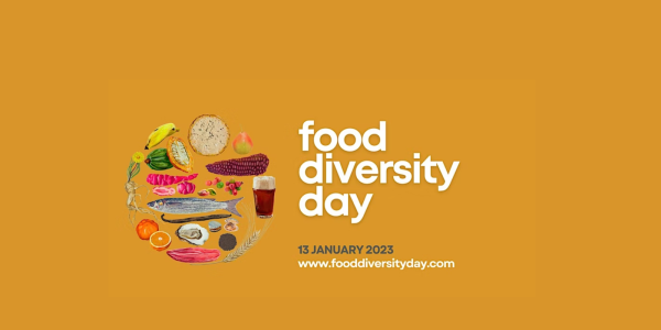 Yellow background with white writing with food diversity day 13 January