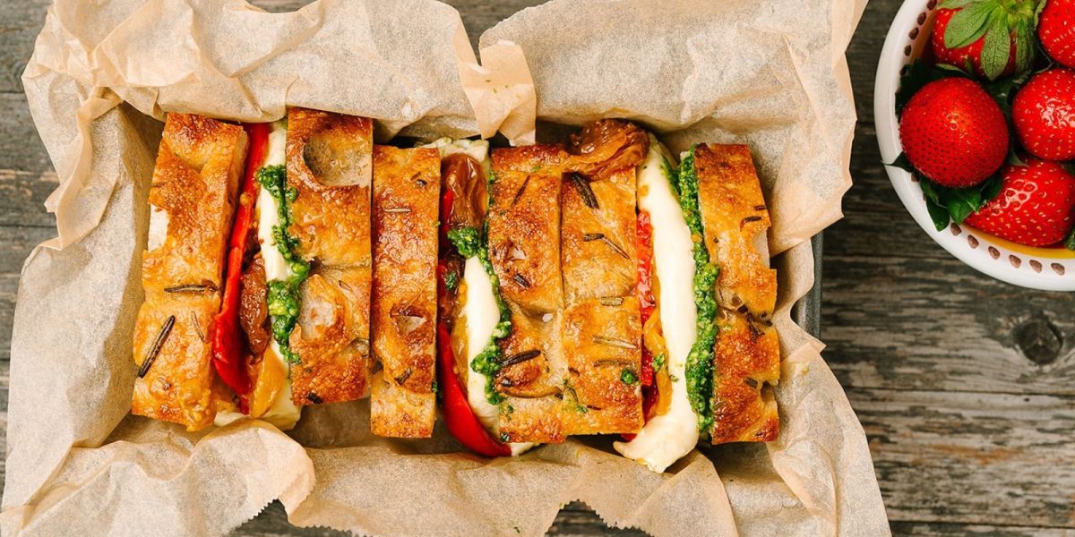 Image of our National Picnic Week 2023 Sandwich - Tunworth, roasted red peppers, tomatoes & wild garlic pesto