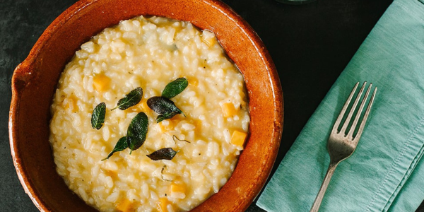 Image shows a cooked pumpkin sage and winslade risotto