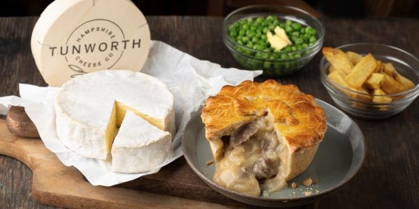 Steak and Tunworth Cheese Pie Served with Chips and Peas